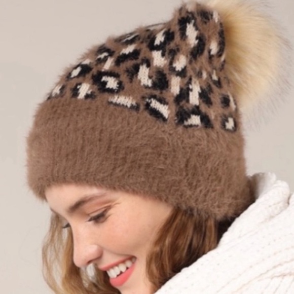 Danalli Accessories - Soft mocha leopard print faux fur pom beanie
